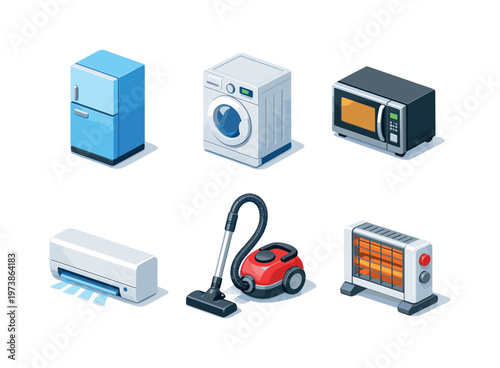 Home Appliances. Isometric flat vector icons set of home appliances: refrigerator, washing machine, microwave oven, air conditioner, vacuum cleaner, electric