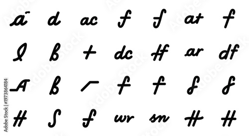 Handwritten cursive alphabet, black letters, typography set, 26 characters, vector font