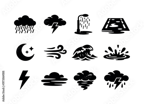 Stormy Night. Solid icon set of Stormy Night: heavy rain, dark clouds, lightning bolt, streetlight rain, wet pavement, night sky, wind gusts, storm waves, rain