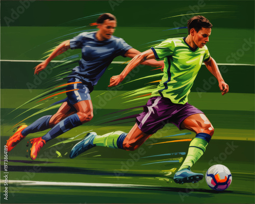 Dynamic soccer match illustration with two players sprinting for ball on green field, vibrant motion sports artwork