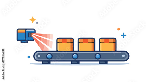 Infrared sensor monitoring object presence and spacing along a moving conveyor line. A compact emitter with soft beam lines and evenly spaced items suggests