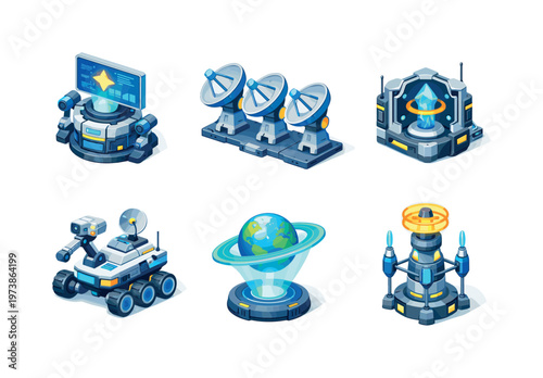 Future Astronomy. Isometric flat vector icons set of future astronomy: AI star analyzer, space telescope array, quantum sensor module, autonomous rover probe,