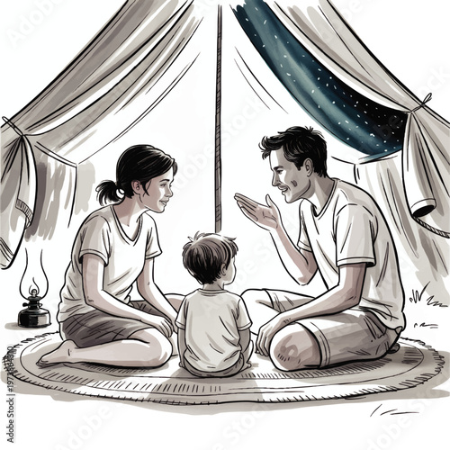 Family bonding inside camping tent at night, parents telling story to child by lantern, cozy hand drawn illustration