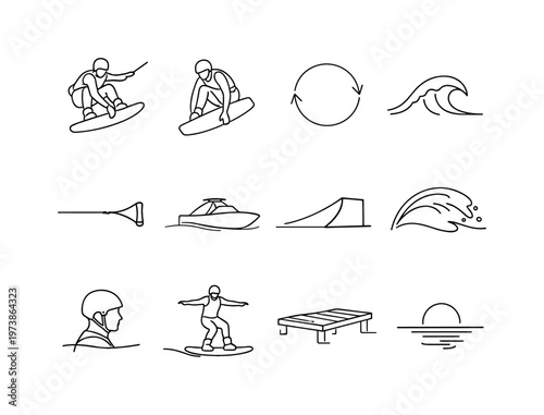 Wakeboarding Tricks and Jumps. Minimalistic set one-line drawing [wakeboarder mid-air trick, board grab pose, spin arrow symbol, wake crest wave, tow rope