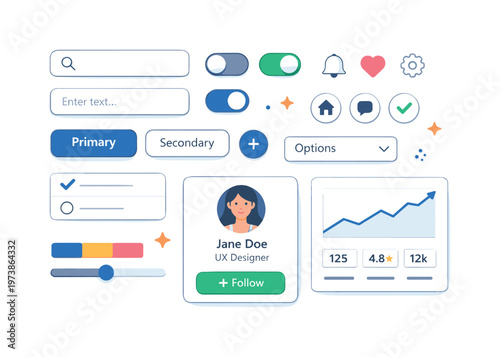 Design system components illustrated as reusable UI elements like inputs toggles icons and cards grouped into a cohesive visual kit. The illustration conveys