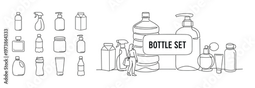 Bottle set line icon composition with cosmetic container symbols, skincare packaging elements, pump dispensers, lotion bottles, and beauty product storage concept. Minimal outline collection for toile