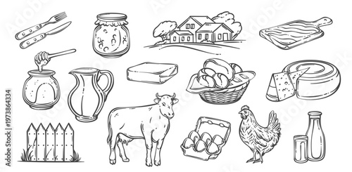 Farm to table food set with dairy, bread, vegetables, kitchen tools, livestock and rural elements. Monochrome outline engraving style, vintage hand drawn collection. Vector illustration.