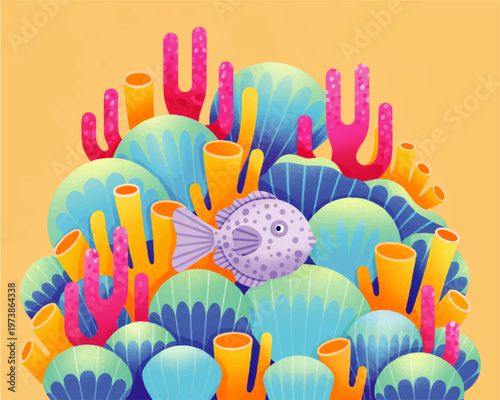 Colorful tropical coral reef illustration with spotted puffer fish, sea sponge, pink coral and blue marine plants