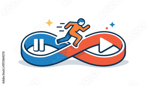 ADHD productivity culture concept represented by a sprinting figure on a looped track with pause and play symbols, conveying burnout cycles rest guilt and