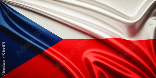 Czech Republic flag waving in silk fabric closeup, red white and blue national banner background with detailed folds