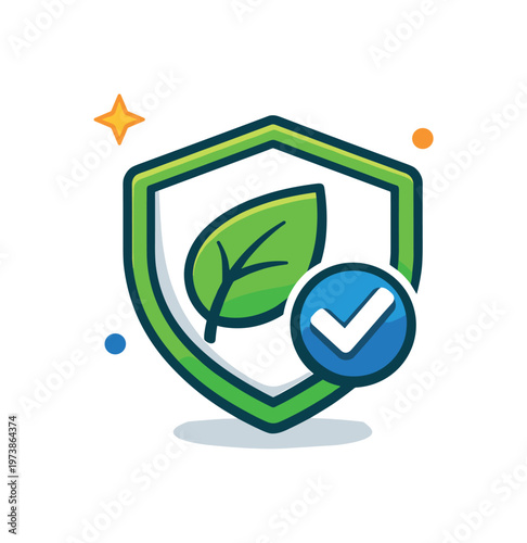 Eco certification badge concept with a shield containing a leaf and checkmark, expressing verified sustainable practices and accountability. A compact and