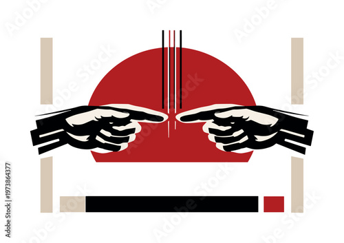 High-contrast black and white two hands pointing toward each other but not touching, duplicated offset silhouettes creating surreal tension, large deep red