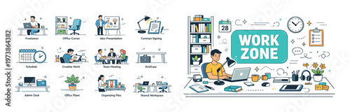 Work zone isometric composition with productivity and office workflow icons, remote working elements, task management tools, computer desk scene, and professional business concept. Colorful vector-sty