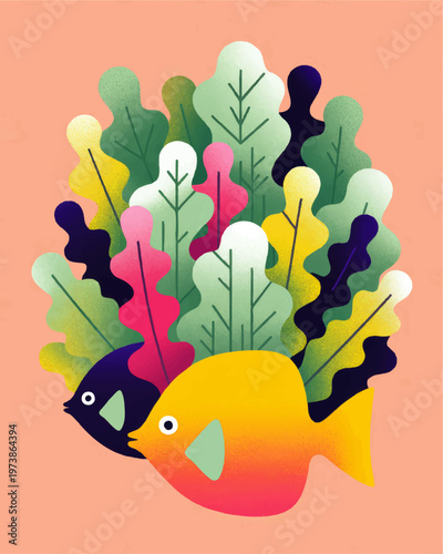 Colorful tropical fish with abstract coral reef foliage, whimsical underwater marine life illustration on peach background