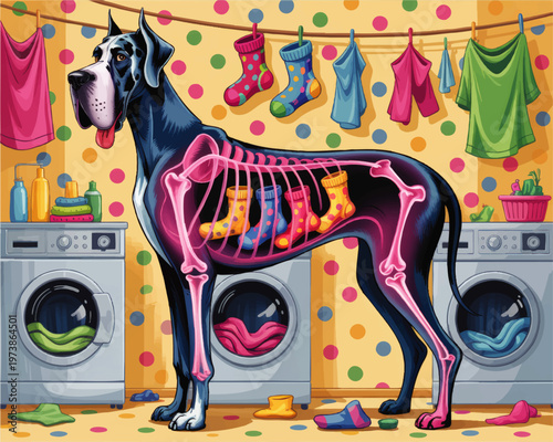 Whimsical Great Dane anatomy illustration in colorful laundry room with socks inside rib cage, surreal veterinary cartoon art