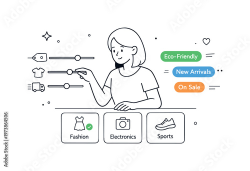 Customer profile customization. A character adjusting preferences on a clean interface with sliders, tags, and selected categories, showing control over