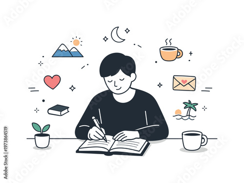 End of day journaling. A person writing in a notebook at a simple desk, with small icons of thoughts or memories floating around. The illustration shows