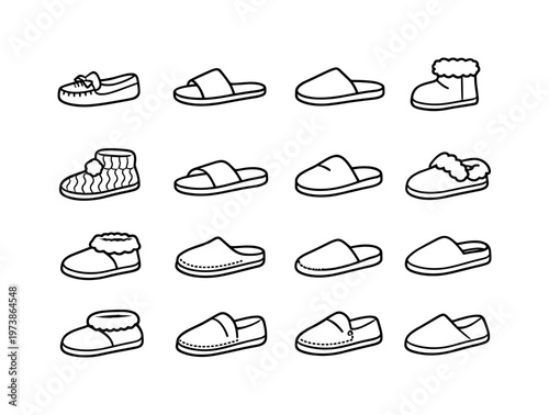 Slipper Types. Line icon set of Slipper Types: moccasin slippers, slide slippers, mule slippers, bootie slippers, knit slippers, foam slippers, terry slippers,