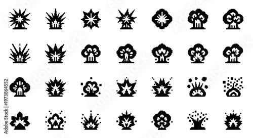 Tableau sur toile Explosion icons, blast symbols, 25 black vector graphics, comic effects, dynamic