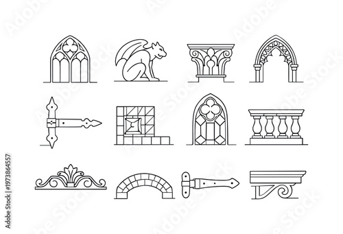 Historic Building Details. Minimalistic set one-line drawing gothic window tracery, stone gargoyle silhouette, decorative column capital, carved arch detail,