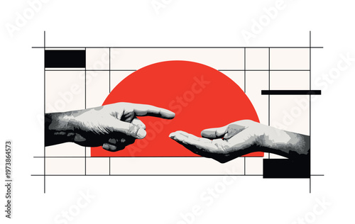 black and white close-up of two hands ? one pointing gently forward, one receiving the gesture, large red semicircle rising behind them like supportive