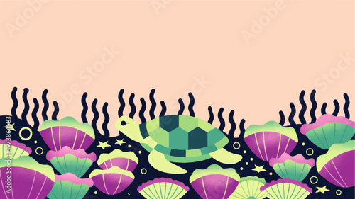 Cute sea turtle swimming over colorful seashell border in whimsical underwater illustration with pastel coral background