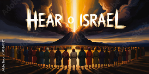 Hear O Israel Typography Above Fiery Mountain and Gathered Crowd, Dramatic Biblical Illustration of Faith, Revelation, and Worship