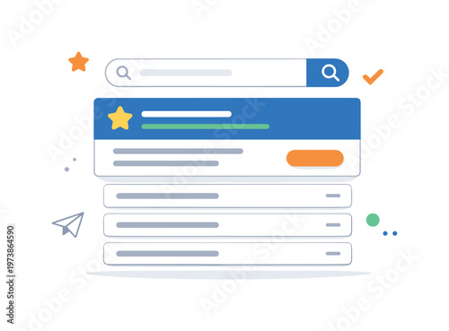 Search results collapse visualized through a search interface with an expanded top result and remaining entries minimized beneath it. The illustration conveys