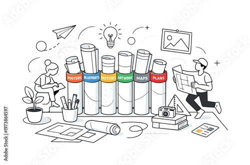 Creative storage solution. A desk scene with neatly arranged mailing tubes holding blueprints, posters, and sketches, labels visible on the caps. Quiet order,