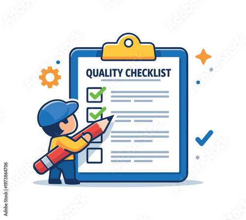 Quality inspector checklist clipboard illustrated by a mini character marking completed tasks on a structured list, symbolizing process compliance,