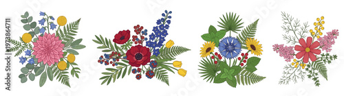 Beautiful set of four diverse floral bouquets featuring colorful spring and summer flowers with green foliage, ideal for invitations, cards, and decorative design elements, isolated on white