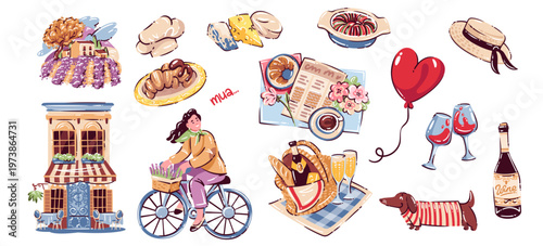 French travel lifestyle set with cafe facade, bicycle woman, baguette, croissant, shopping bags, dachshund, lavender, fashion items and food symbols. French elements, cartoon vector illustration.