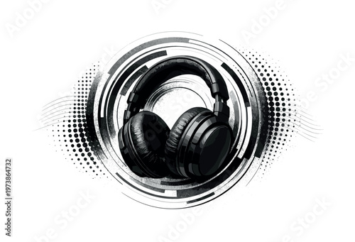 headphones integrated with circular waves and dotted patterns monochrome realistic headphones with soft grain texture modern graphic collage conceptual