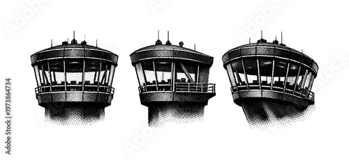 Airport control tower cab with panoramic window ring and structural framing, represented as one realistic tower cab shown in three views including frontal,