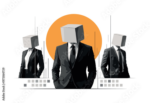 black and white fragmented torsos of business people with boxes replacing their heads, layered paper cut collage look, oversized orange semicircle rising