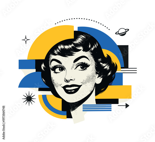 human silhouette raising arms, radial circles abstract rays and geometric shapes amplifying energy, black and white retro celebratory human figure with layered