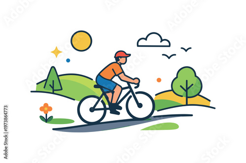 Scenic bike route a cyclist follows a gently curving path through fields and distant mountains, emphasizing discovery and appreciation of scenic landscapes.