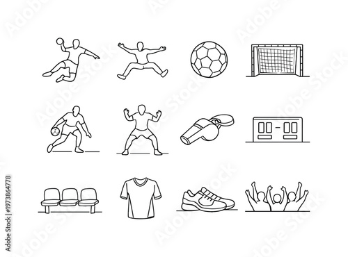 Handball Game Action and Players. Minimalistic set one-line drawing handball player jumping shot, goalkeeper save pose, handball ball, indoor court goal,