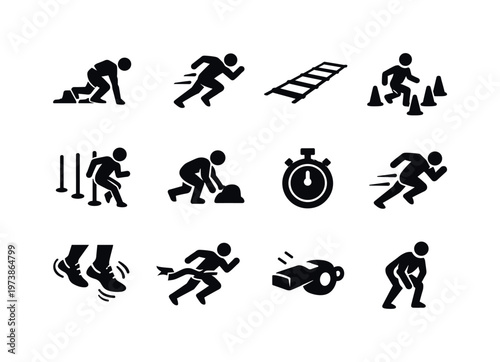 Speed Drills. Solid icon set of Speed Drills: sprint start, acceleration run, speed ladder, cone drill, agility poles, reaction start, stopwatch timing,