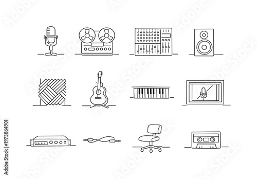 Vintage Recording Studio. Minimalistic set one-line drawing [retro condenser microphone, reel tape machine, analog mixing console, studio monitor speaker,