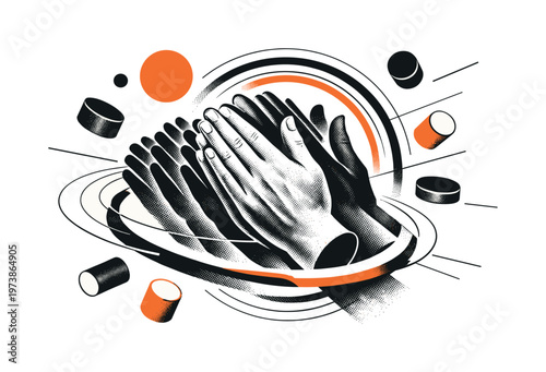 Surreal black and white clapping hands illustration, multiple layered hands creating motion echo, retro print texture, abstract cylinders and circular forms
