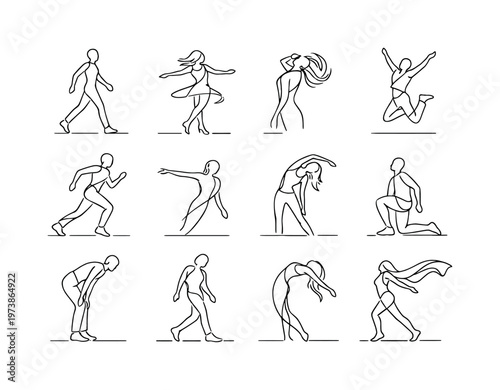 Dynamic Movement Poses. Minimalistic set one-line drawing walking stride pose, spinning turn pose, hair flip motion, jumping silhouette pose, running fashion