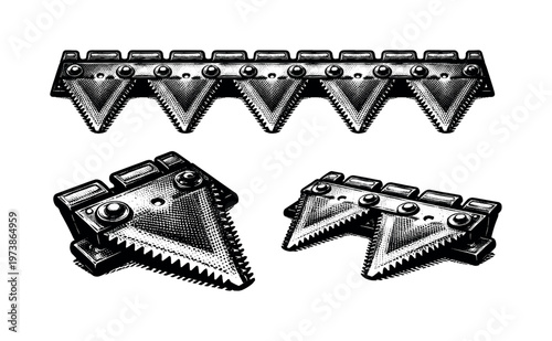 Cutter bar knife A segmented cutter bar knife section with triangular teeth shown in three views highlighting repeating pattern and sharp geometry. Black and