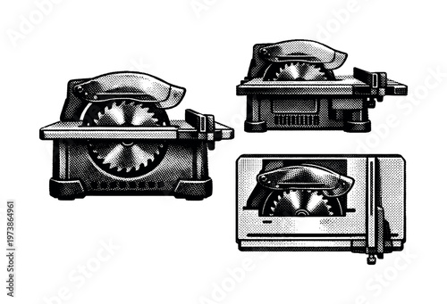 bench circular saw tool A compact bench circular saw shown in front view, side profile, and top view with visible blade guard, table surface, and fence guide.