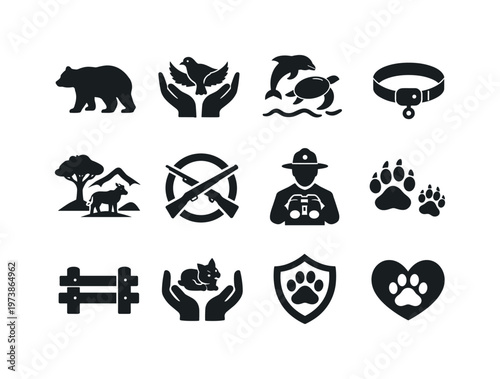 Wildlife Conservation. Solid icon set of Wildlife Conservation: wild animal silhouette, bird protection, marine life conservation, animal tracking tag,