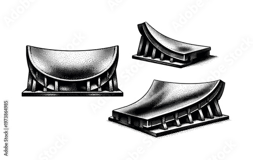 Rocket launch pad flame deflector with curved heat-resistant surface and structural ribs, depicted as one realistic flame deflector shown in three views