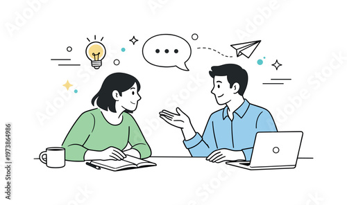 Body language in conversation. Two colleagues discussing ideas, one leaning forward attentively while the other gestures calmly, reflecting engagement and