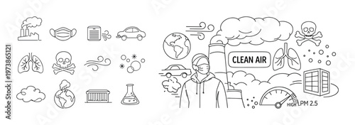 Clean air line icon composition with environmental protection symbols, fresh atmosphere elements, healthy breathing concepts, green energy signs, and air quality awareness theme. Minimal outline colle