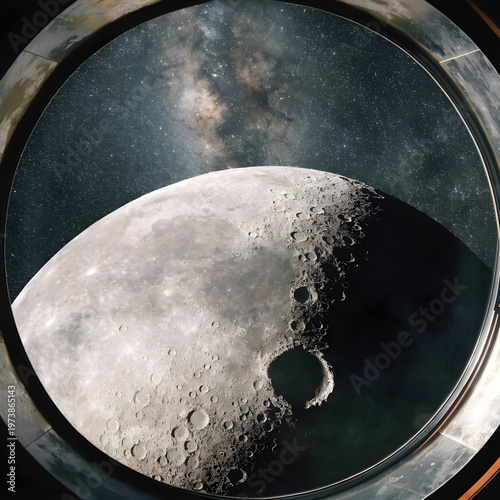 High-resolution illustration of the Moon viewed from inside the Artemis II Orion spacecraft window.
