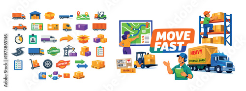 Fast moving service isometric composition with relocation icons, delivery truck, workers carrying furniture, packed boxes, house moving elements, and transport logistics concept on a white background.